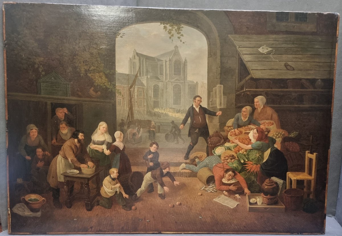 OLIO SU TELA RAFFIGURANTE SCENA AL MERCATO - Firmato C. COENE (1779-1841)