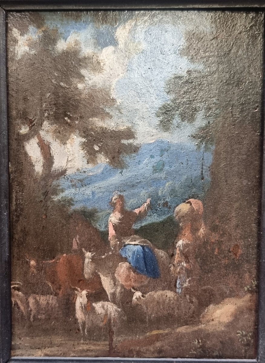 OLIO SU TAVOLA RAFFIGURANTE FAVOLA PASTORALE - ITALIA, metà dell'600-photo-2