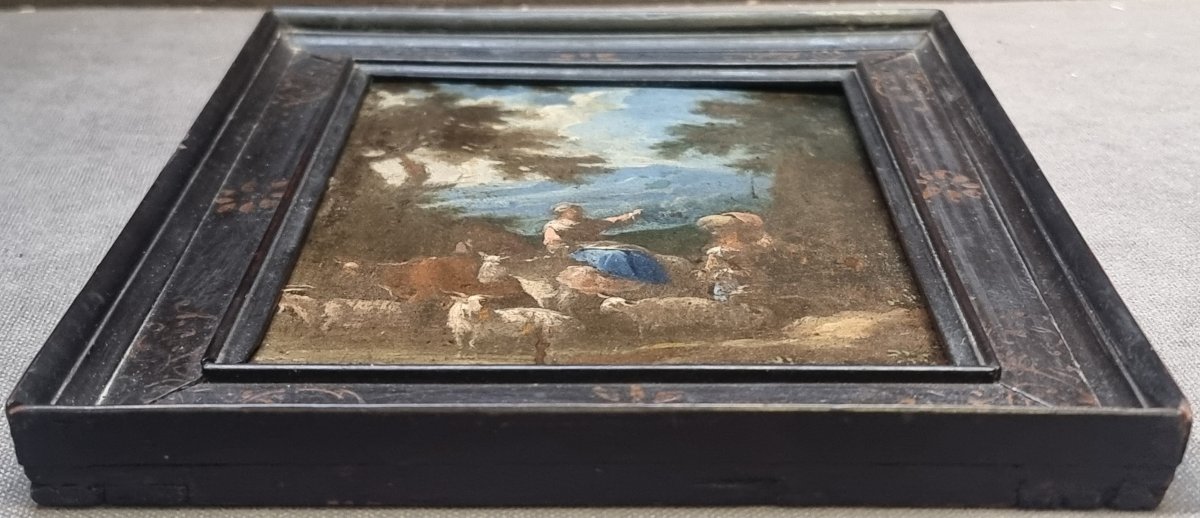 OLIO SU TAVOLA RAFFIGURANTE FAVOLA PASTORALE - ITALIA, metà dell'600-photo-1