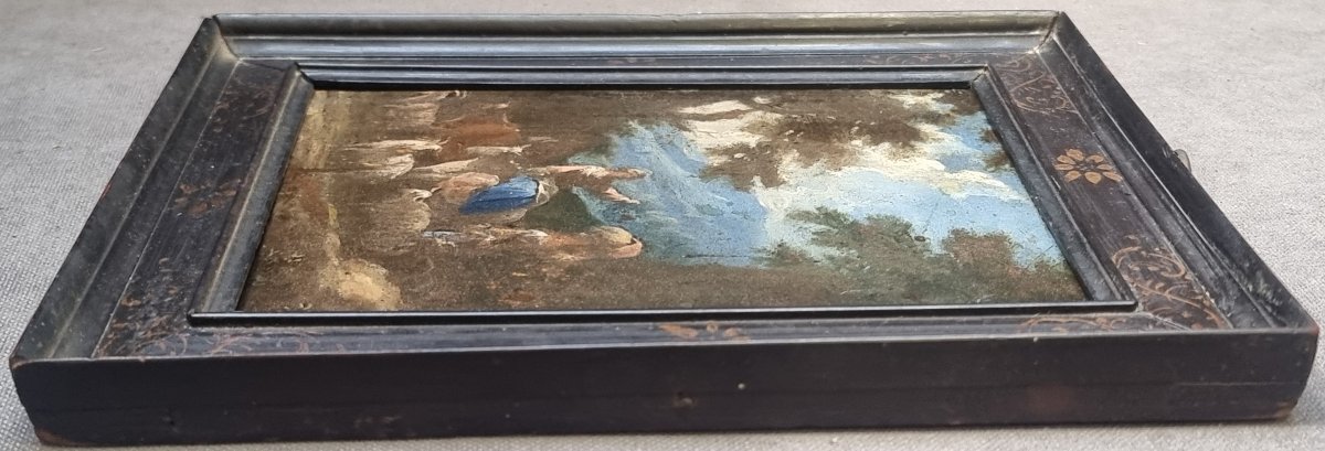 OLIO SU TAVOLA RAFFIGURANTE FAVOLA PASTORALE - ITALIA, metà dell'600-photo-2