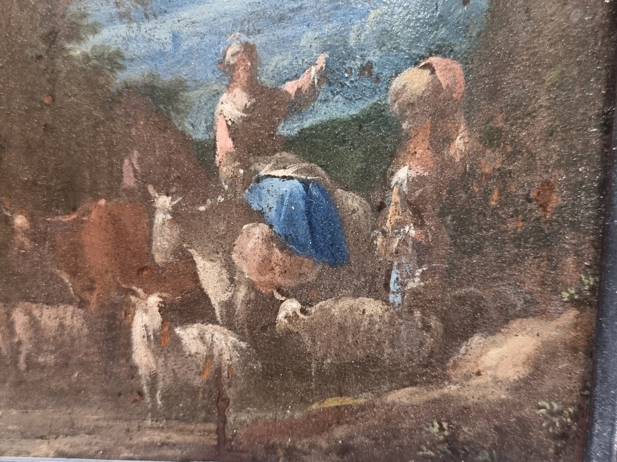 OLIO SU TAVOLA RAFFIGURANTE FAVOLA PASTORALE - ITALIA, metà dell'600-photo-3