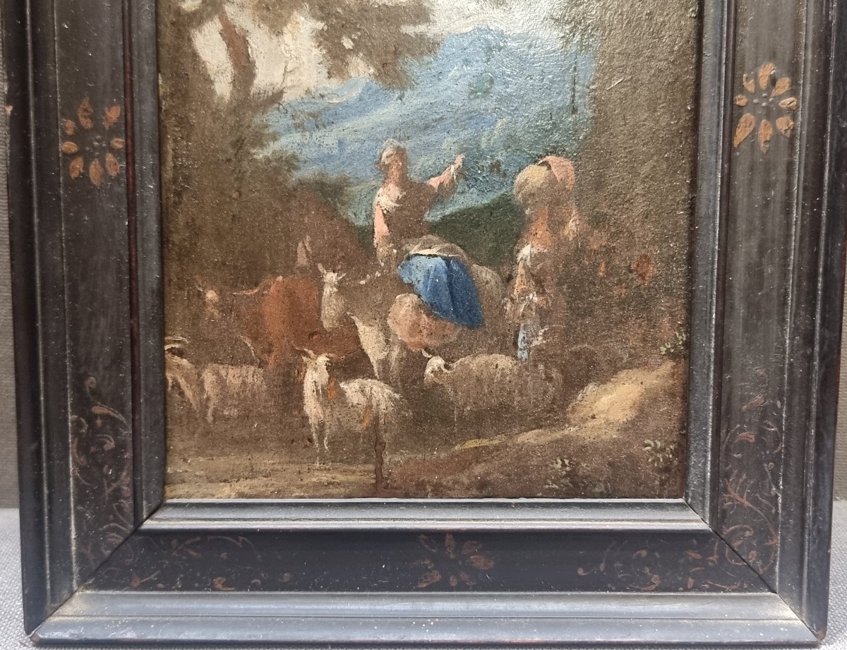 OLIO SU TAVOLA RAFFIGURANTE FAVOLA PASTORALE - ITALIA, metà dell'600-photo-5