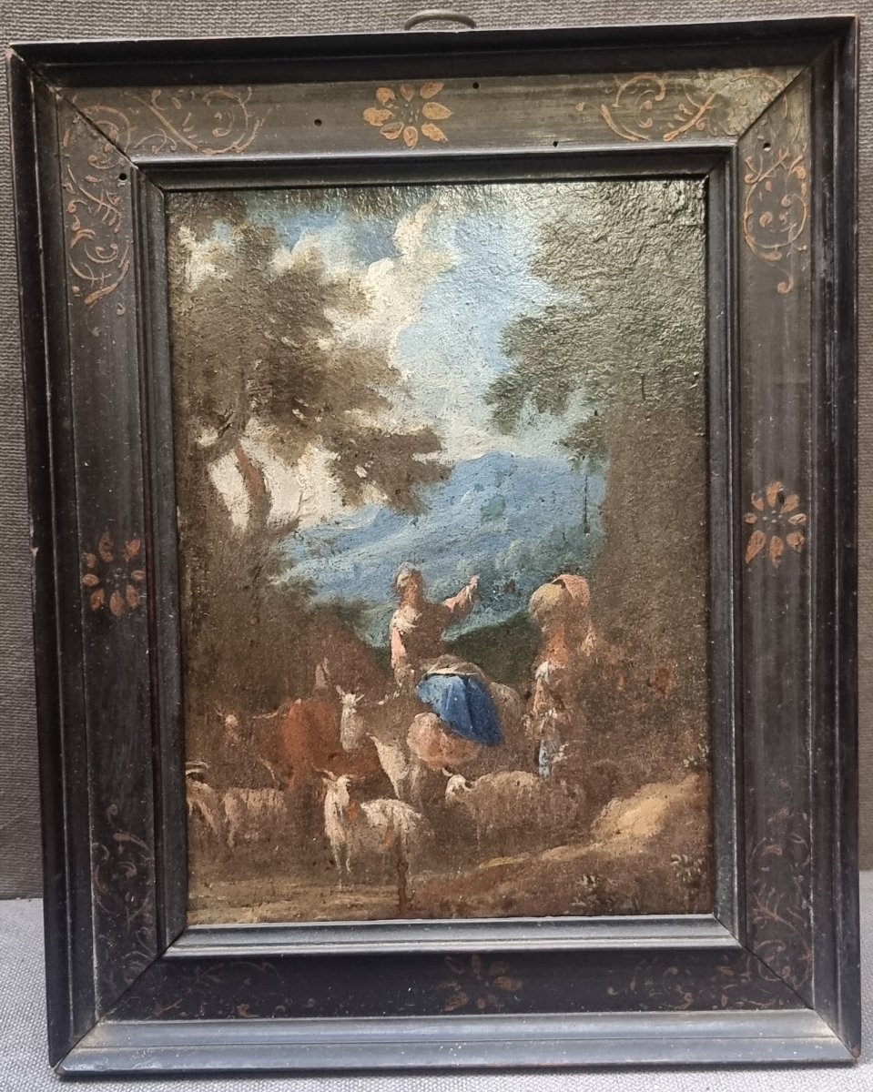 OLIO SU TAVOLA RAFFIGURANTE FAVOLA PASTORALE - ITALIA, metà dell'600