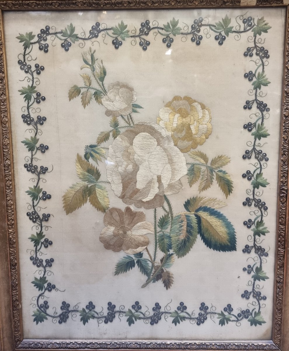 QUADRO - TESSUTO RICAMATO - FIORI - Primi '800  - Cornice coeva-photo-2
