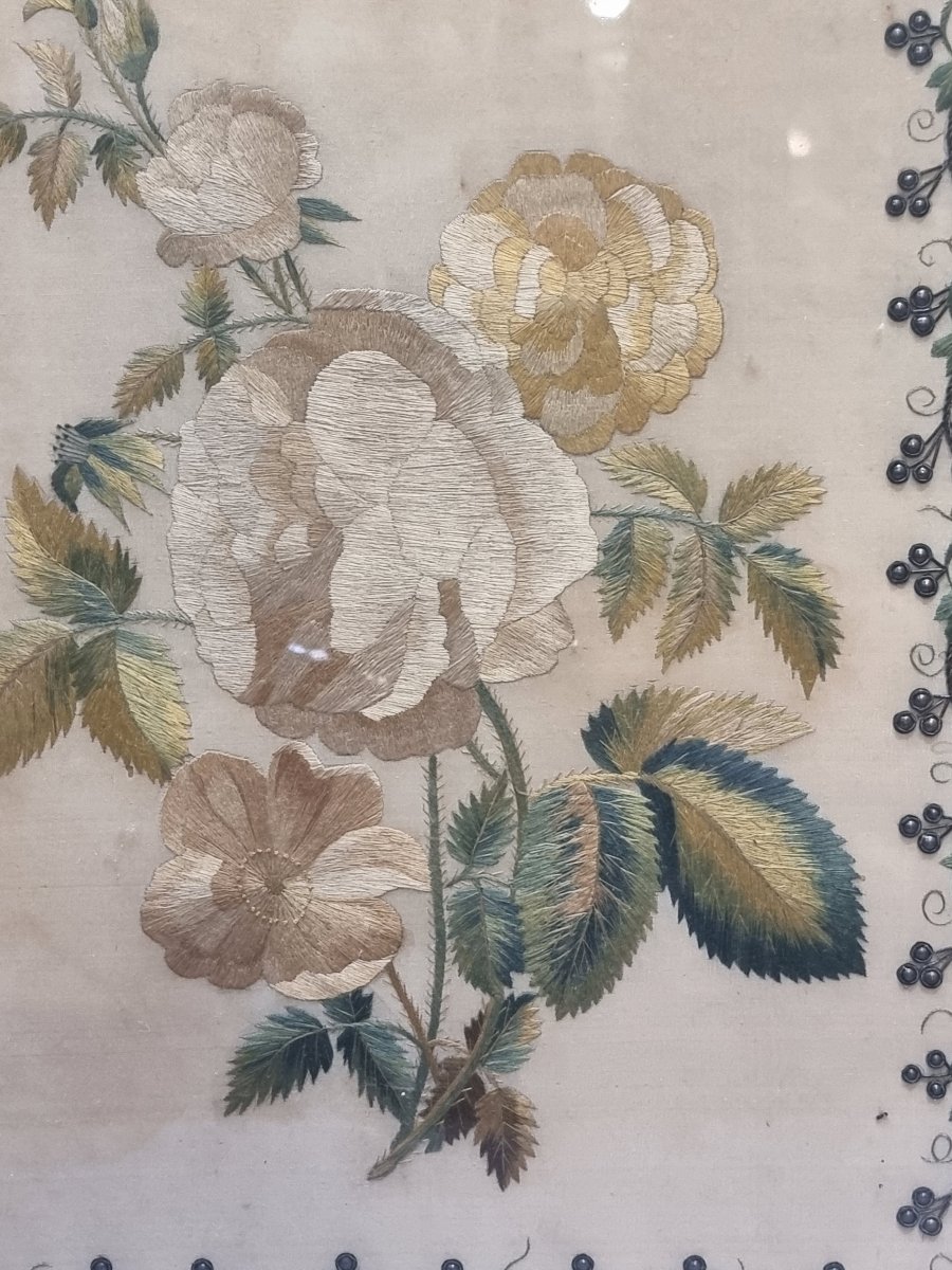 QUADRO - TESSUTO RICAMATO - FIORI - Primi '800  - Cornice coeva-photo-3