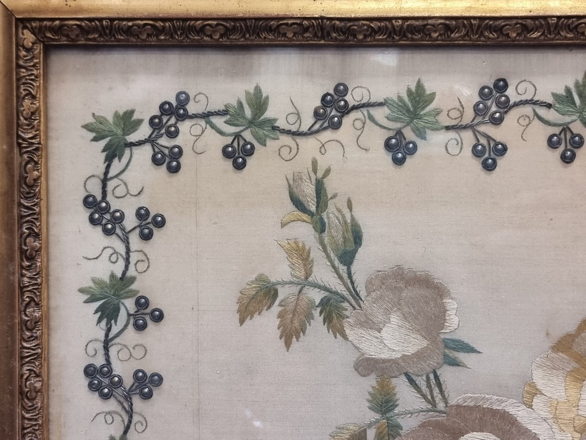 QUADRO - TESSUTO RICAMATO - FIORI - Primi '800  - Cornice coeva-photo-4
