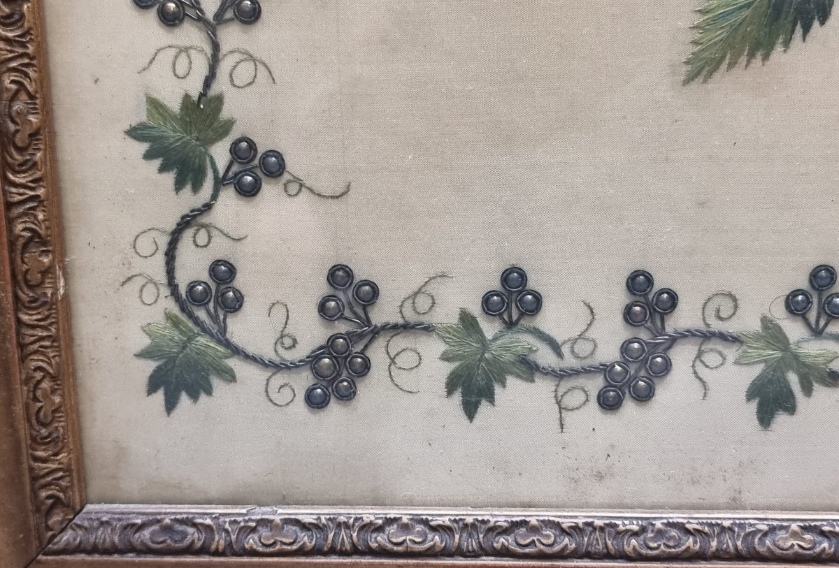 QUADRO - TESSUTO RICAMATO - FIORI - Primi '800  - Cornice coeva-photo-1