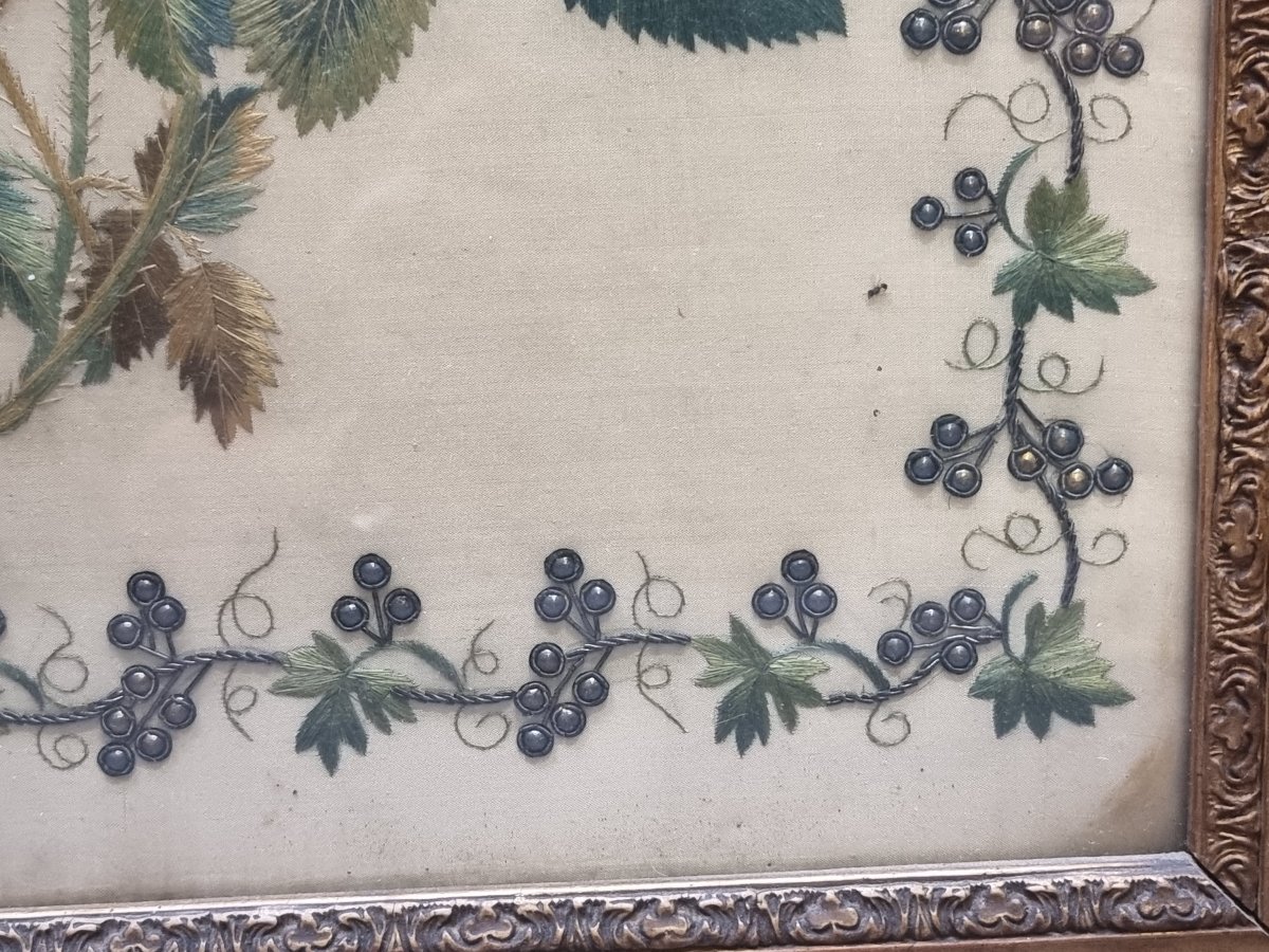QUADRO - TESSUTO RICAMATO - FIORI - Primi '800  - Cornice coeva-photo-2