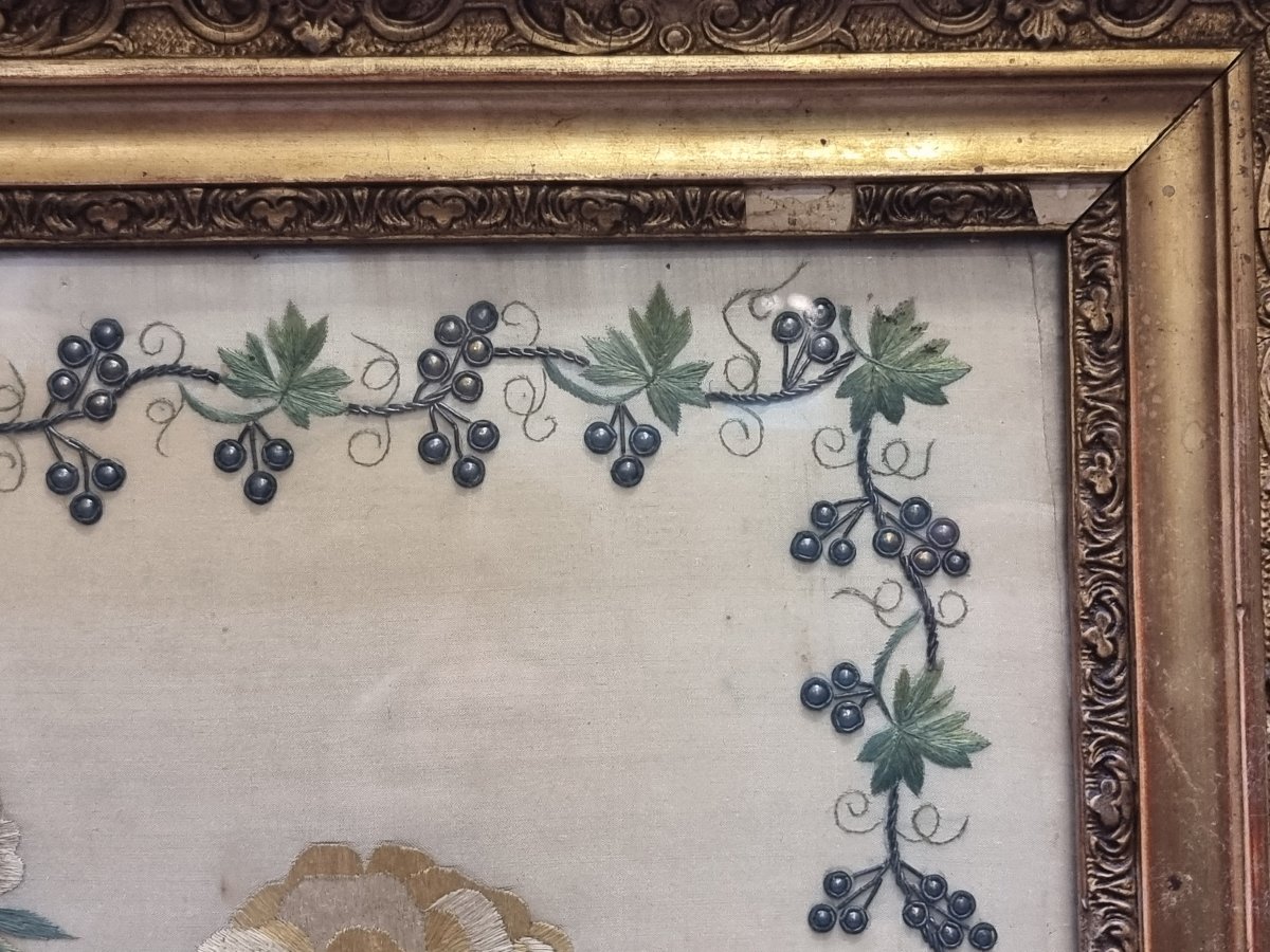 QUADRO - TESSUTO RICAMATO - FIORI - Primi '800  - Cornice coeva-photo-3