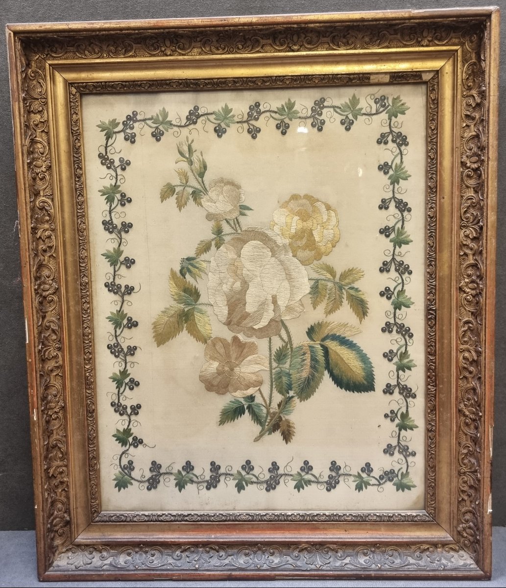 QUADRO - TESSUTO RICAMATO - FIORI - Primi '800  - Cornice coeva