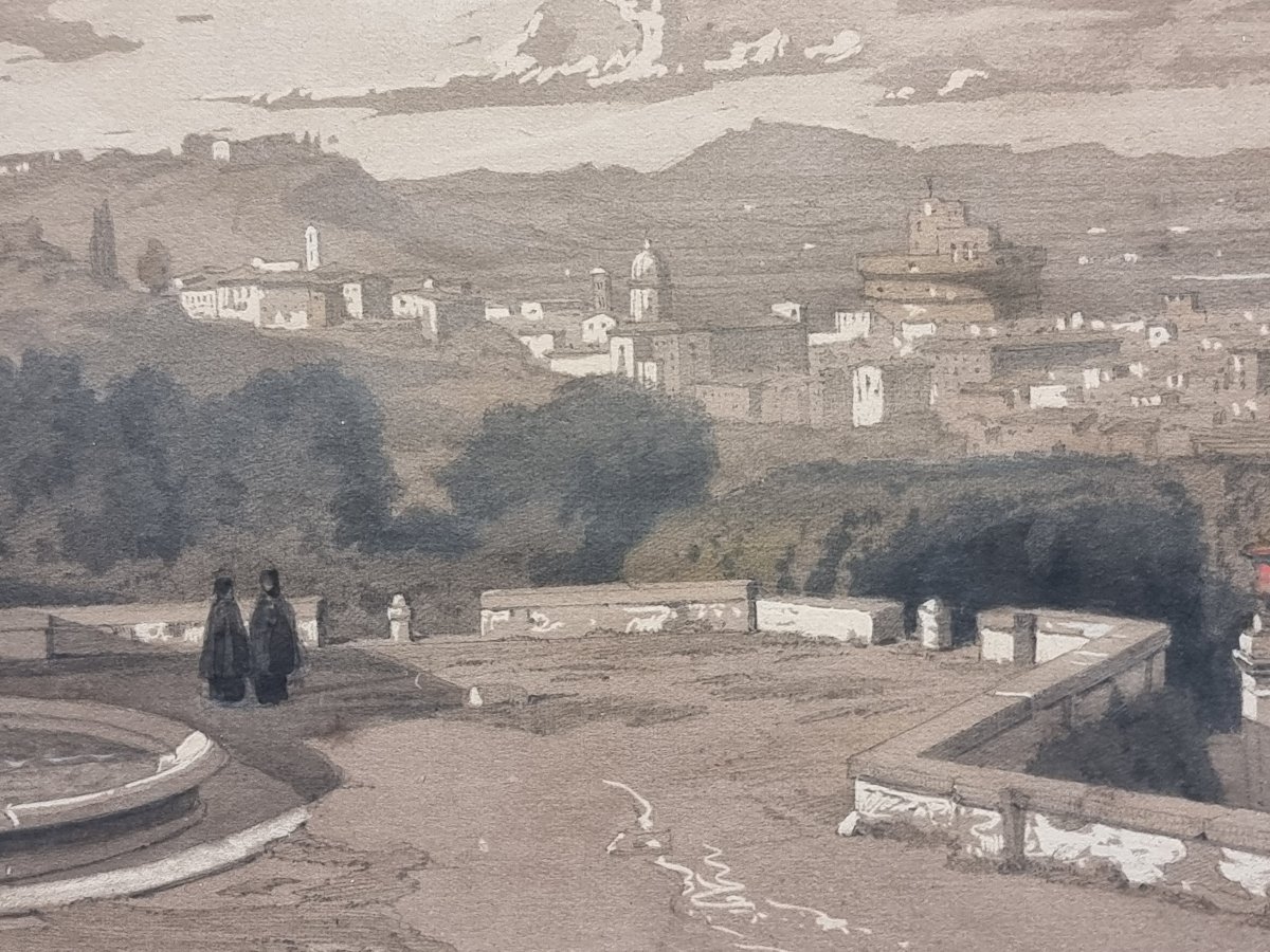GOUACHE SU CARTA - VEDUTA DI ROMA DAL GIANICOLO 1857 Karl August Lindemann-Frommel (1819-1891)-photo-4