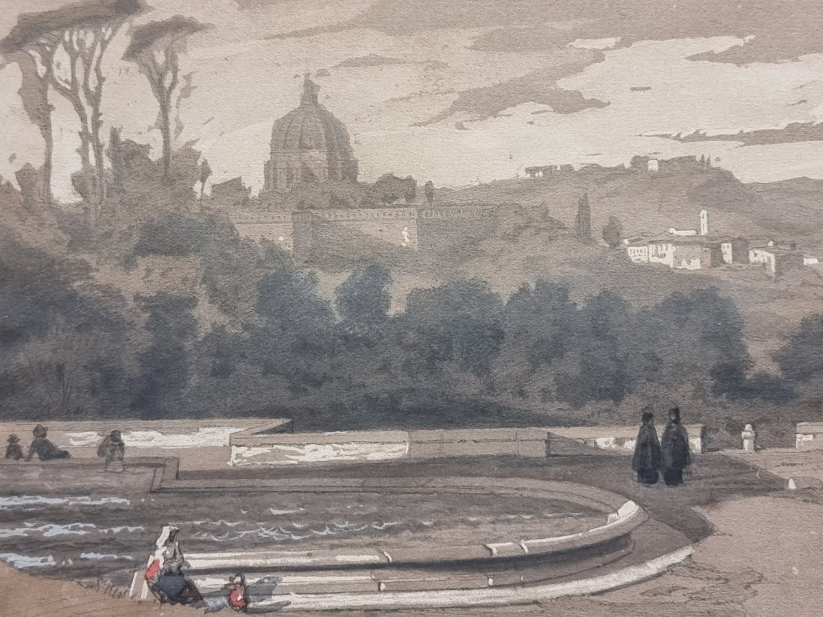 GOUACHE SU CARTA - VEDUTA DI ROMA DAL GIANICOLO 1857 Karl August Lindemann-Frommel (1819-1891)-photo-1