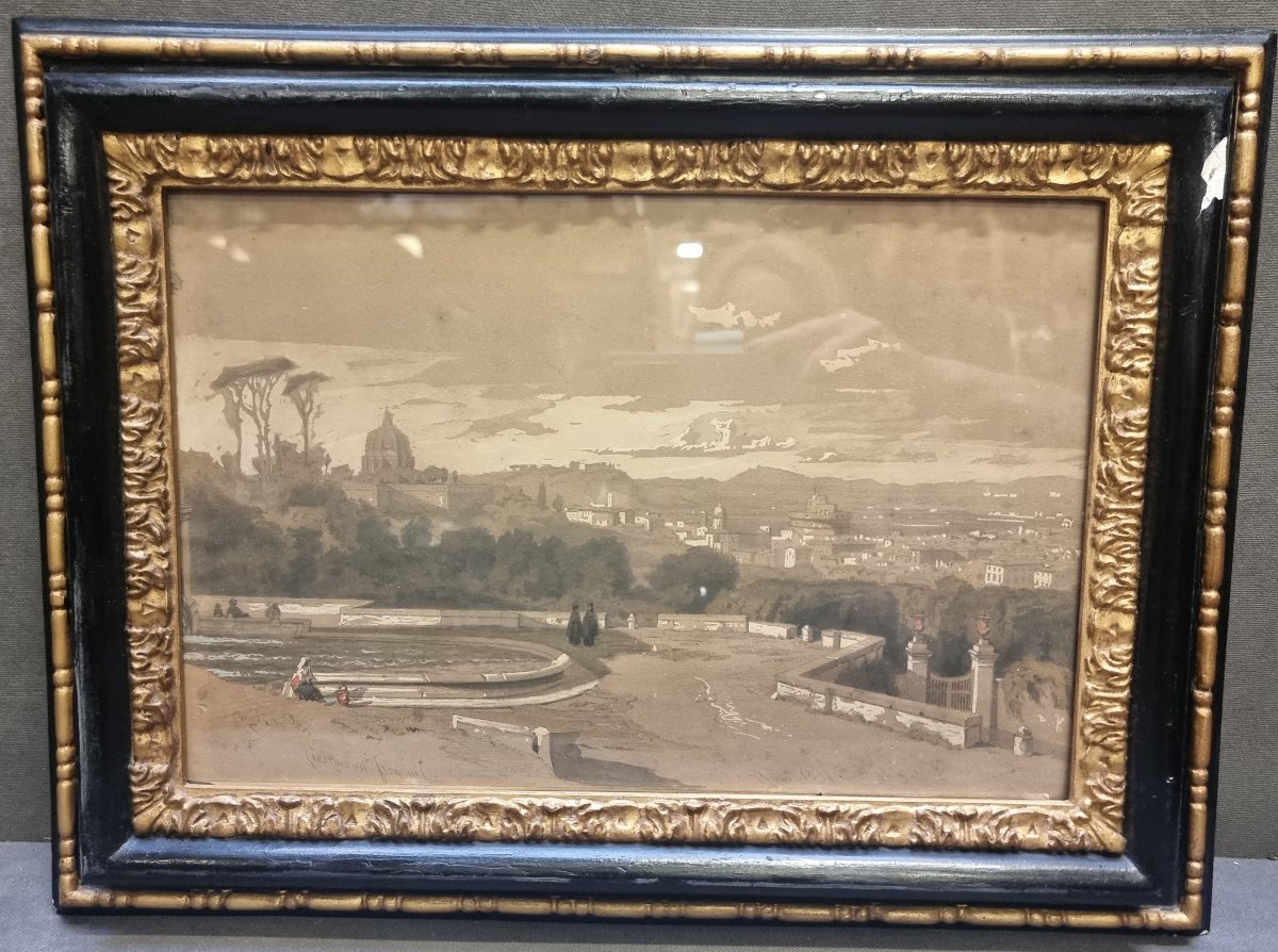 GOUACHE SU CARTA - VEDUTA DI ROMA DAL GIANICOLO 1857 Karl August Lindemann-Frommel (1819-1891)-photo-3