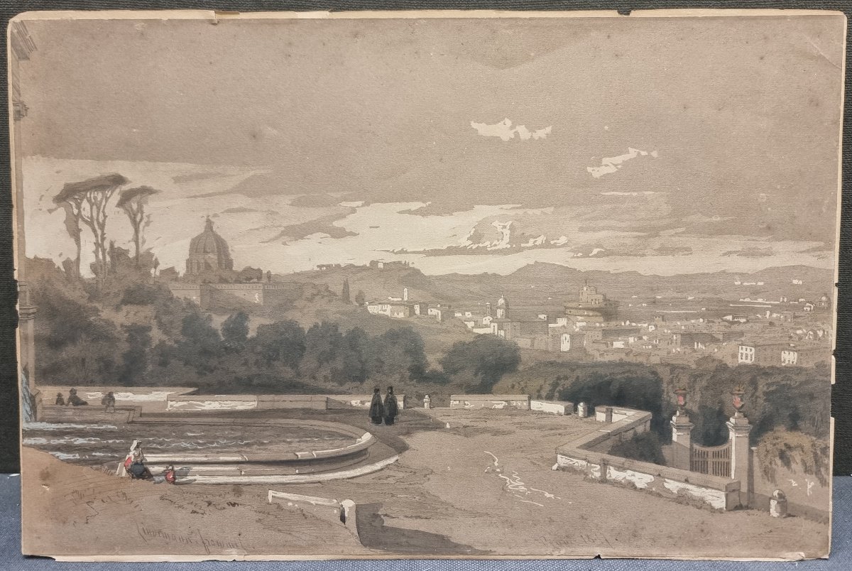 GOUACHE SU CARTA - VEDUTA DI ROMA DAL GIANICOLO 1857 Karl August Lindemann-Frommel (1819-1891)