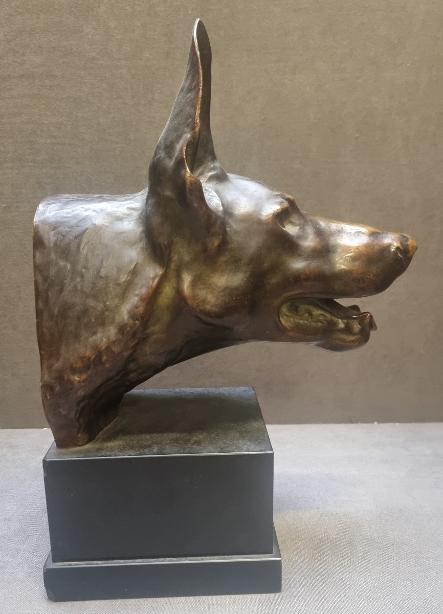 SCULTURA IN BRONZO SU BASE IN MARMO - TESTA DI LUPO  - Max LE VERRIER (1891-1973)-photo-4