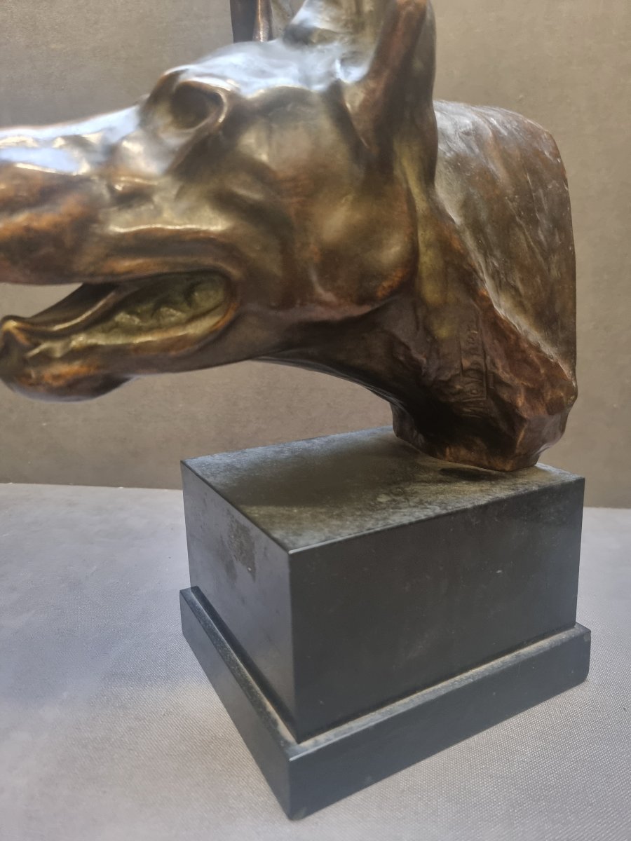 SCULTURA IN BRONZO SU BASE IN MARMO - TESTA DI LUPO  - Max LE VERRIER (1891-1973)-photo-3