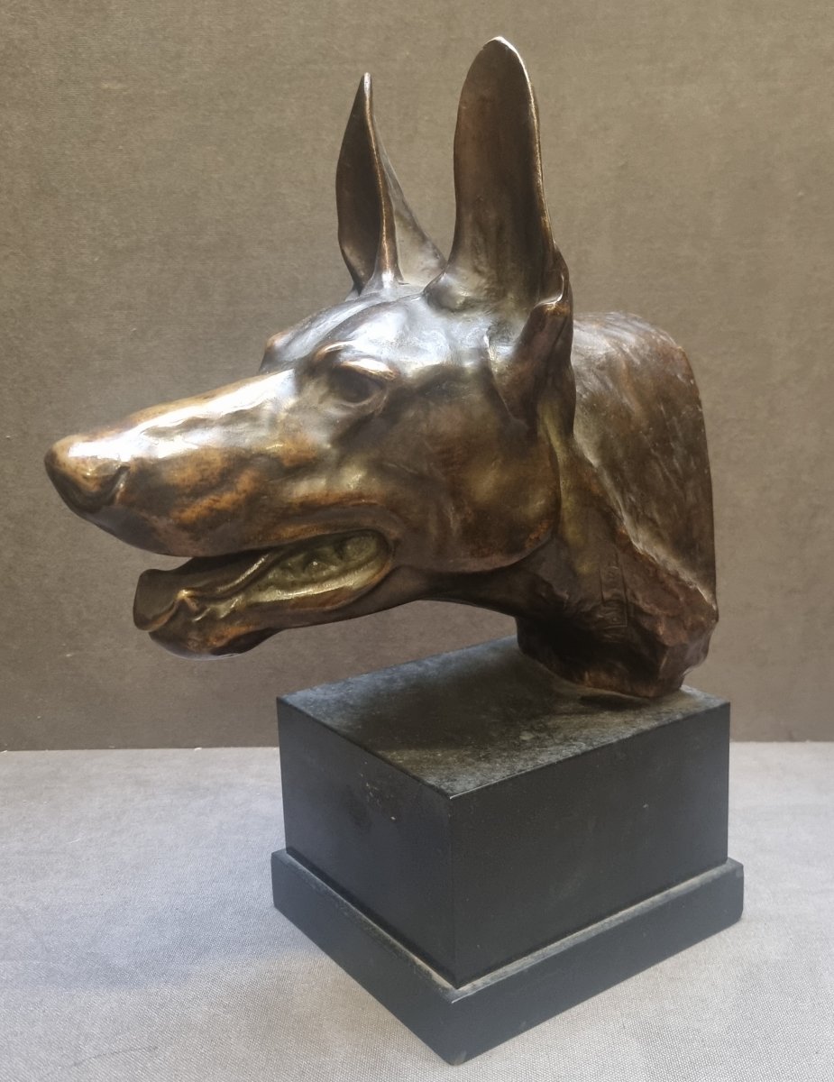 SCULTURA IN BRONZO SU BASE IN MARMO - TESTA DI LUPO  - Max LE VERRIER (1891-1973)
