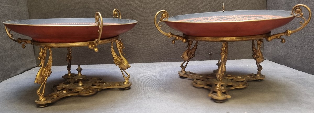 COPPIA PIATTI PORCELLANA DIPINTI SU BASI IN BRONZO - FRANCIA - NAPOLEONE III - DELL'800-photo-2