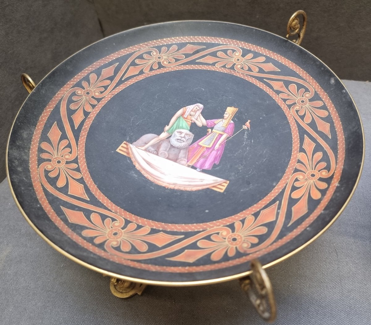 COPPIA PIATTI PORCELLANA DIPINTI SU BASI IN BRONZO - FRANCIA - NAPOLEONE III - DELL'800-photo-4
