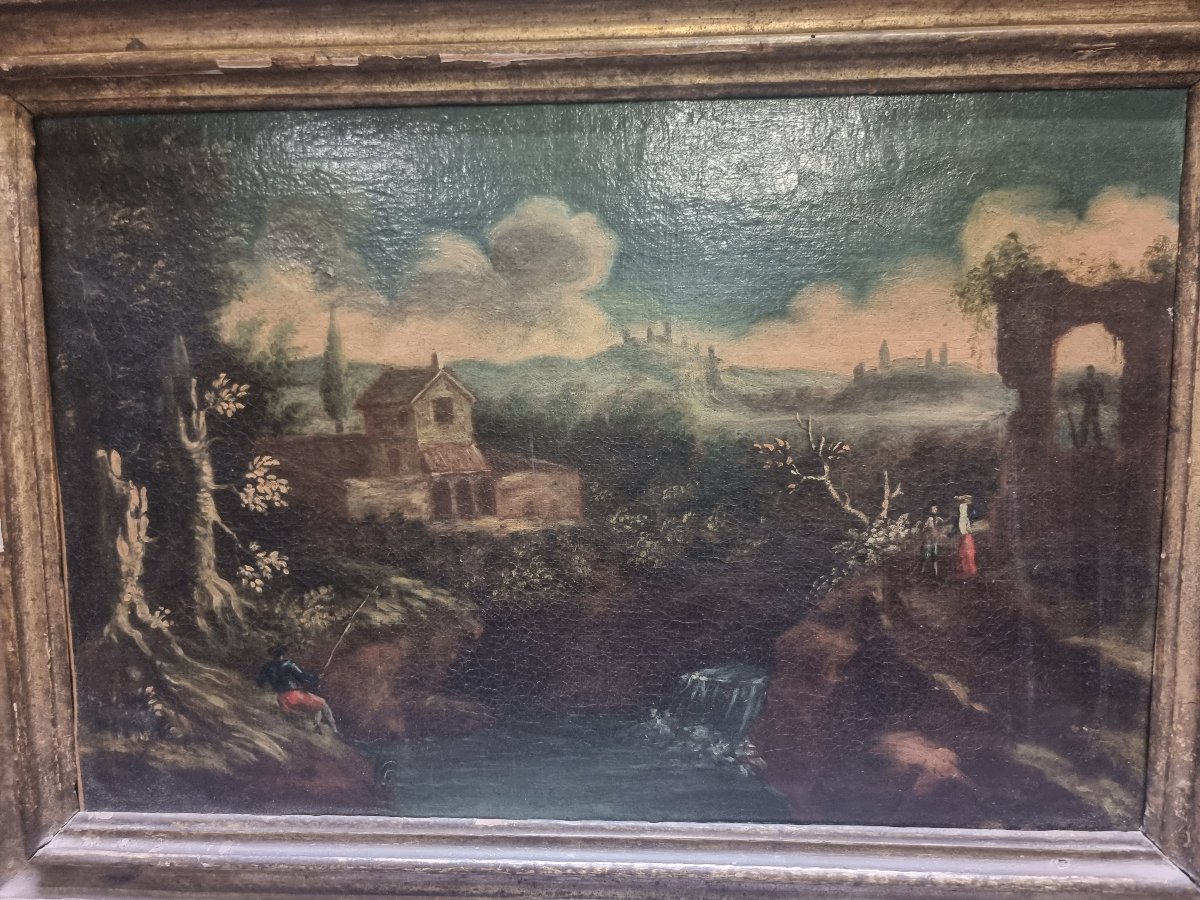 QUADRO OLIO SU TELA RAFFIGURANTE PAESAGGIO ANIMATO - ITALIA CENTRALE, DELL' 600 -photo-2