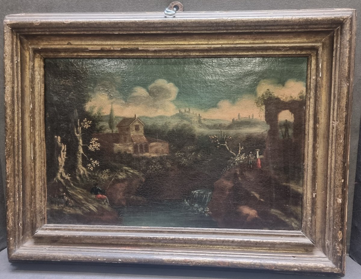 QUADRO OLIO SU TELA RAFFIGURANTE PAESAGGIO ANIMATO - ITALIA CENTRALE, DELL' 600 