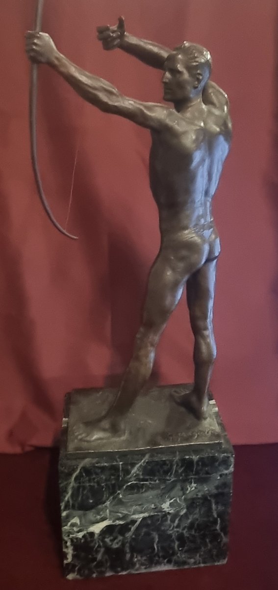SCULTURA IN BRONZO SU BASE MARMO - UOMO NUDO CON ARCO - GIORGIO CERAGIOLI (1861-1947)-photo-4