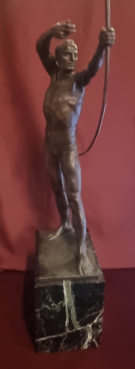 SCULTURA IN BRONZO SU BASE MARMO - UOMO NUDO CON ARCO - GIORGIO CERAGIOLI (1861-1947)-photo-2