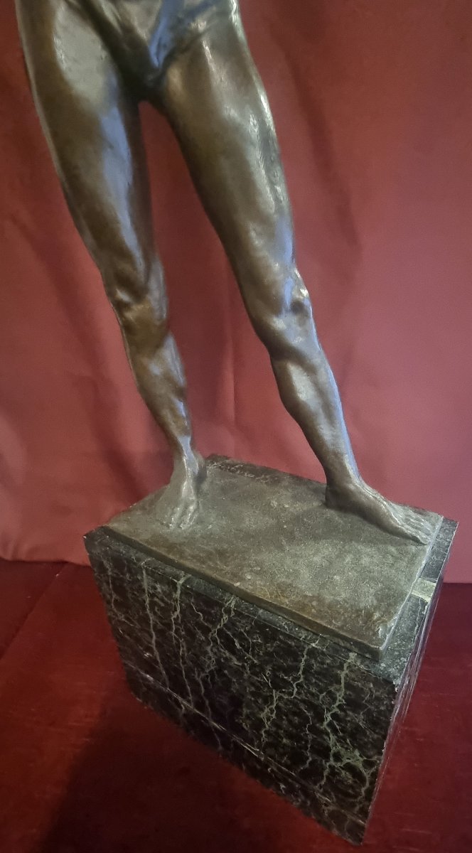 SCULTURA IN BRONZO SU BASE MARMO - UOMO NUDO CON ARCO - GIORGIO CERAGIOLI (1861-1947)-photo-3