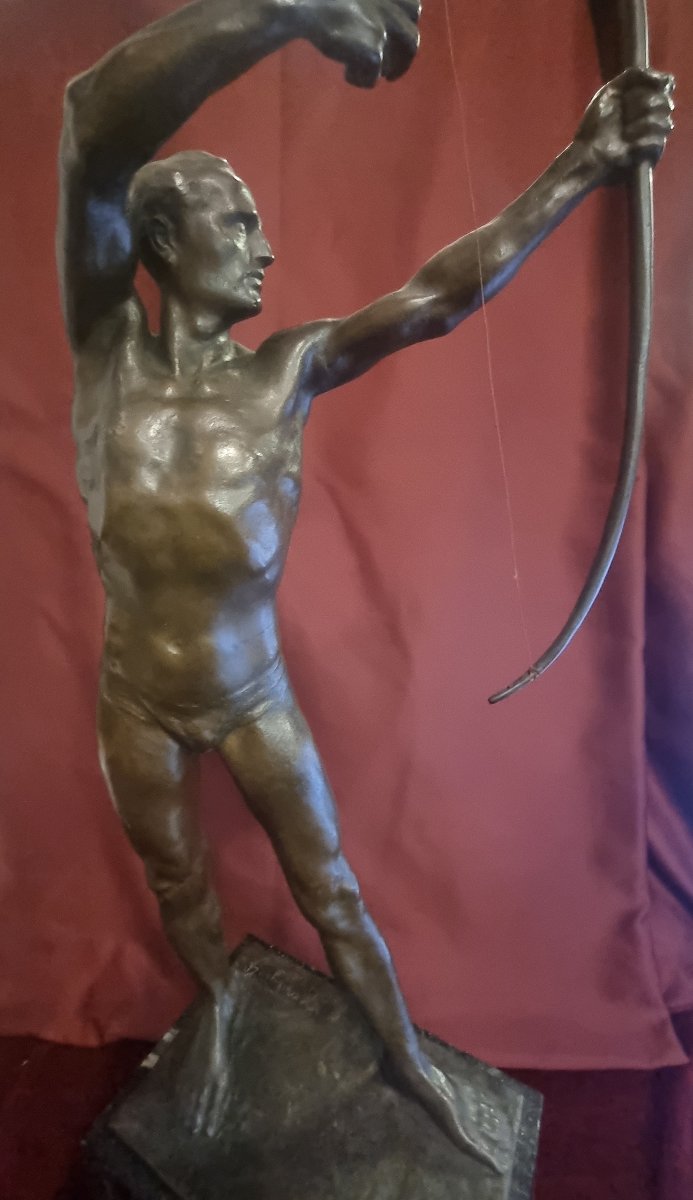 SCULTURA IN BRONZO SU BASE MARMO - UOMO NUDO CON ARCO - GIORGIO CERAGIOLI (1861-1947)-photo-4