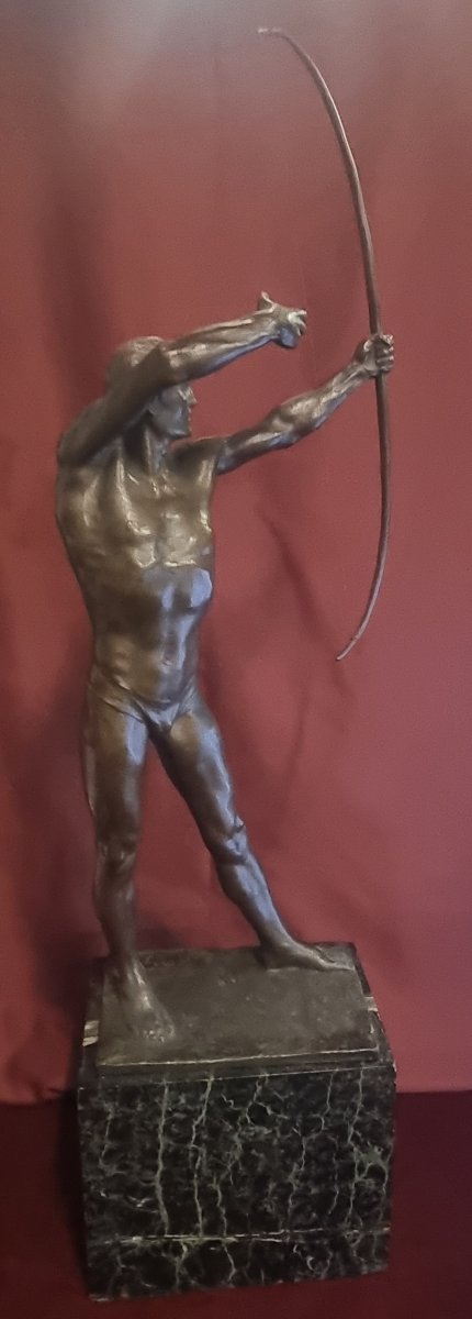 SCULTURA IN BRONZO SU BASE MARMO - UOMO NUDO CON ARCO - GIORGIO CERAGIOLI (1861-1947)