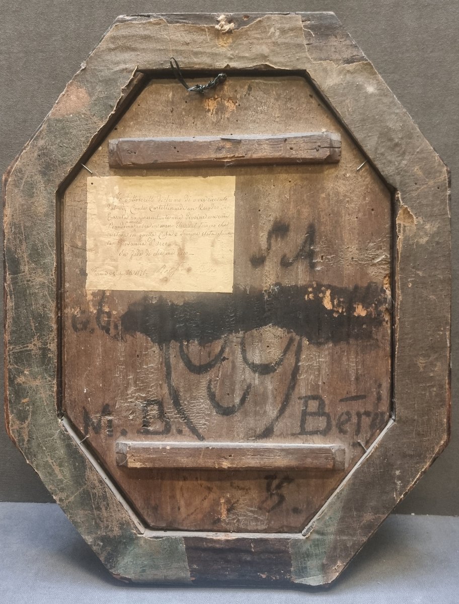 QUADRO OTTAGONALE  OLIO SU TAVOLA - RITRATTO GIOVANNA D'ARCO? - Datato sul retro 1778 -photo-2