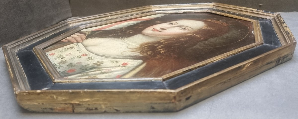 QUADRO OTTAGONALE  OLIO SU TAVOLA - RITRATTO GIOVANNA D'ARCO? - Datato sul retro 1778 -photo-4