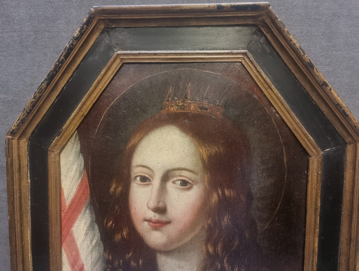 QUADRO OTTAGONALE  OLIO SU TAVOLA - RITRATTO GIOVANNA D'ARCO? - Datato sul retro 1778 -photo-1