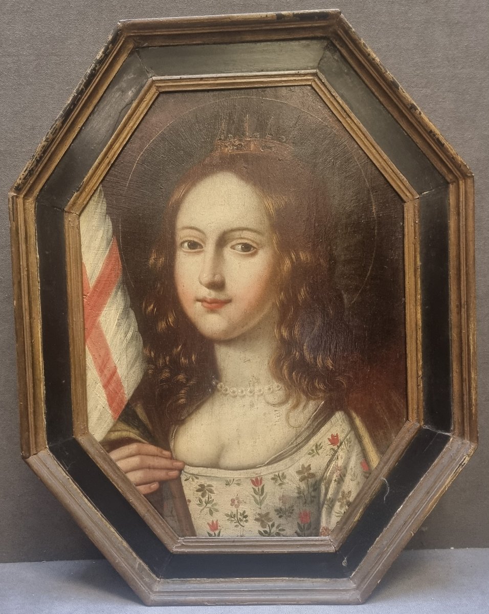 QUADRO OTTAGONALE  OLIO SU TAVOLA - RITRATTO GIOVANNA D'ARCO? - Datato sul retro 1778 
