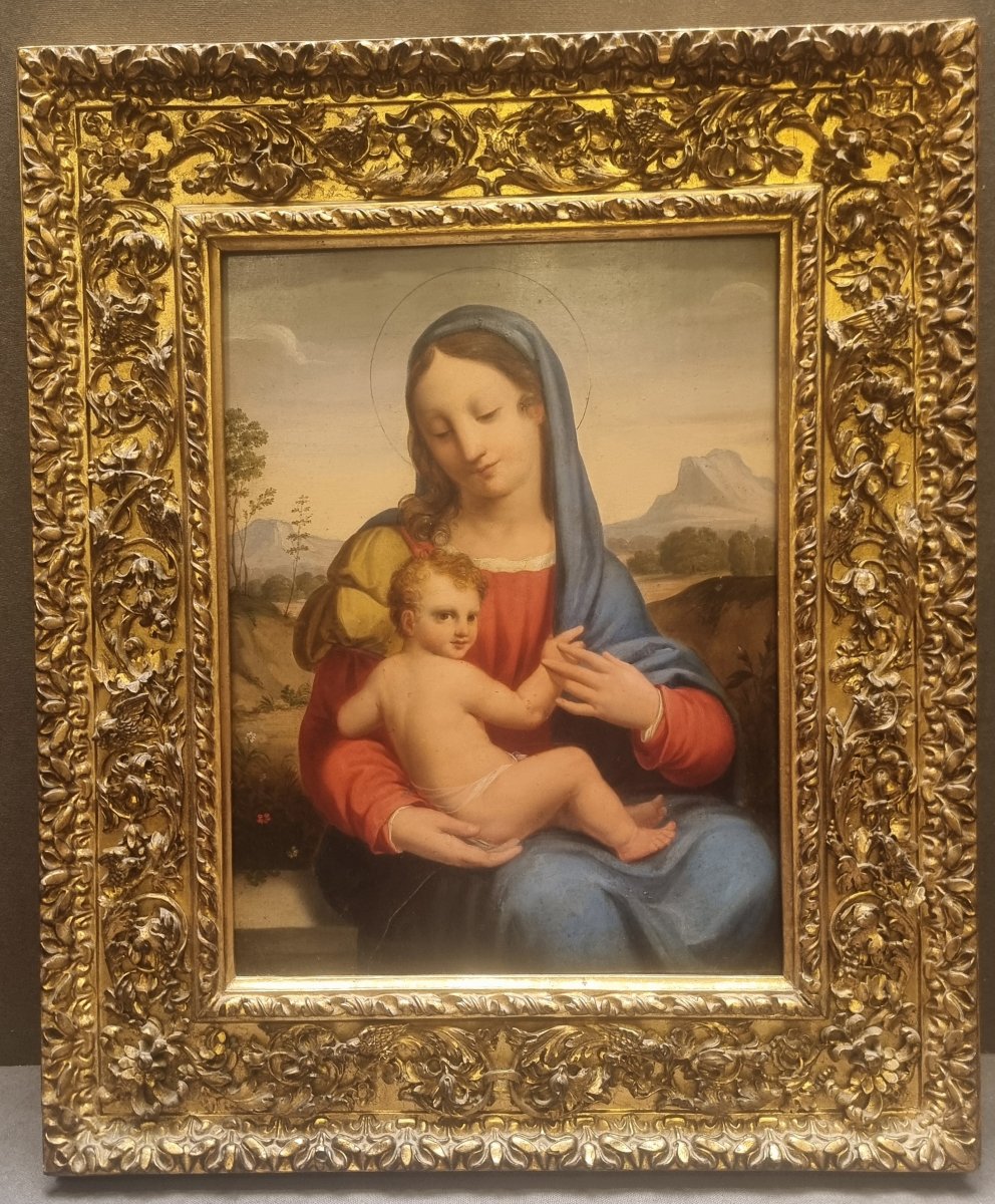 QUADRO OLIO SU TAVOLA - MADONNA CON BAMBINO - TOSCANA, prima metà dell'800