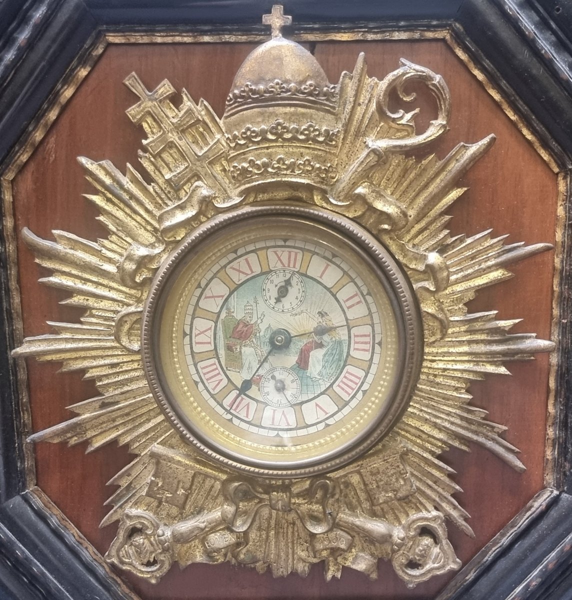 OROLOGIO IN BRONZO GIUBILEO LEONE XIII - 1900 - MONTATO SU CORNICE FIAMMINGA DELL'600-photo-2