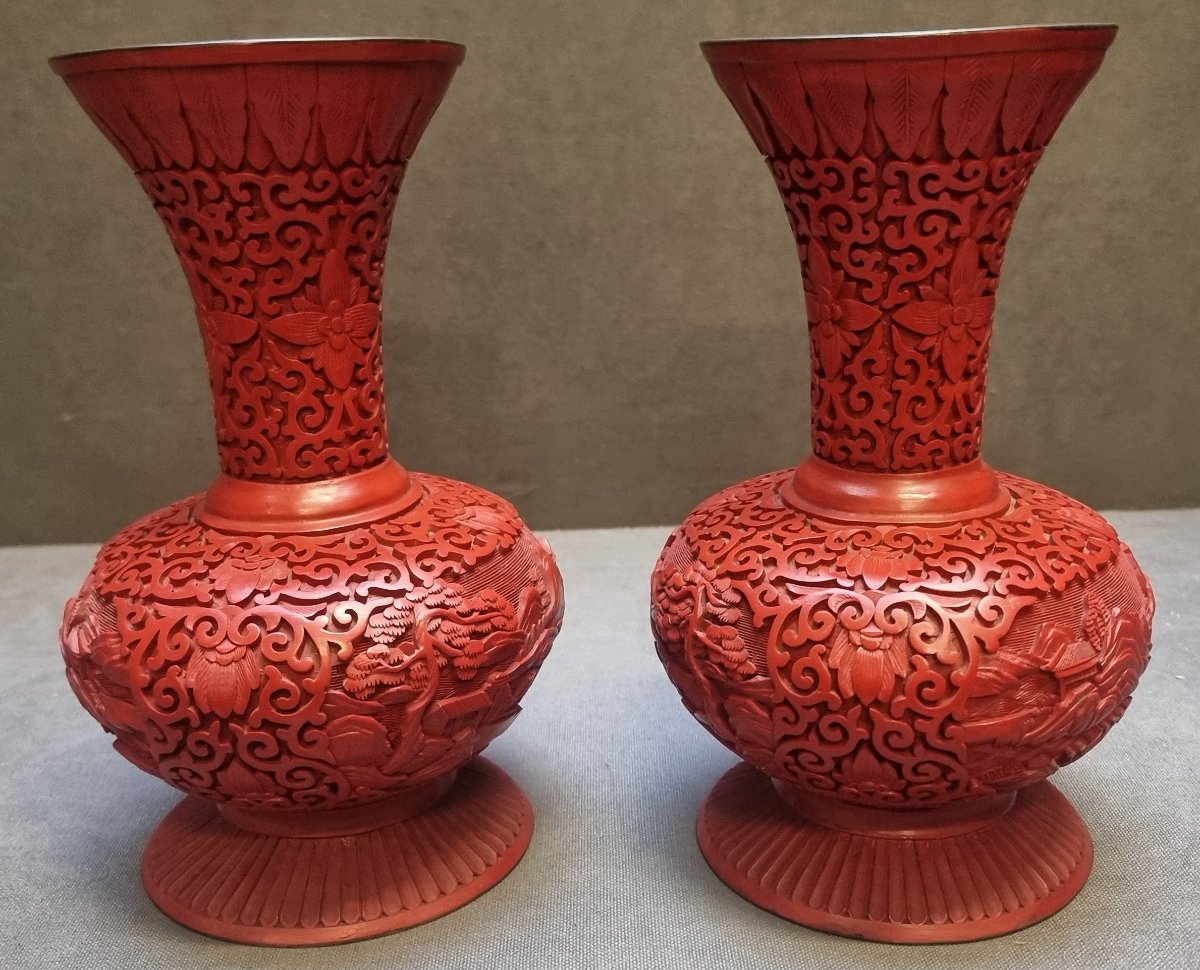 COPPIA VASI CINA in ottone laccato rosso - anni '70-photo-2