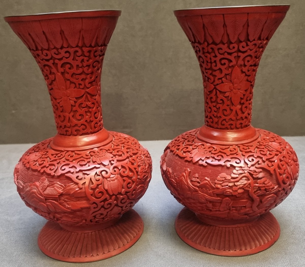 COPPIA VASI CINA in ottone laccato rosso - anni '70-photo-2