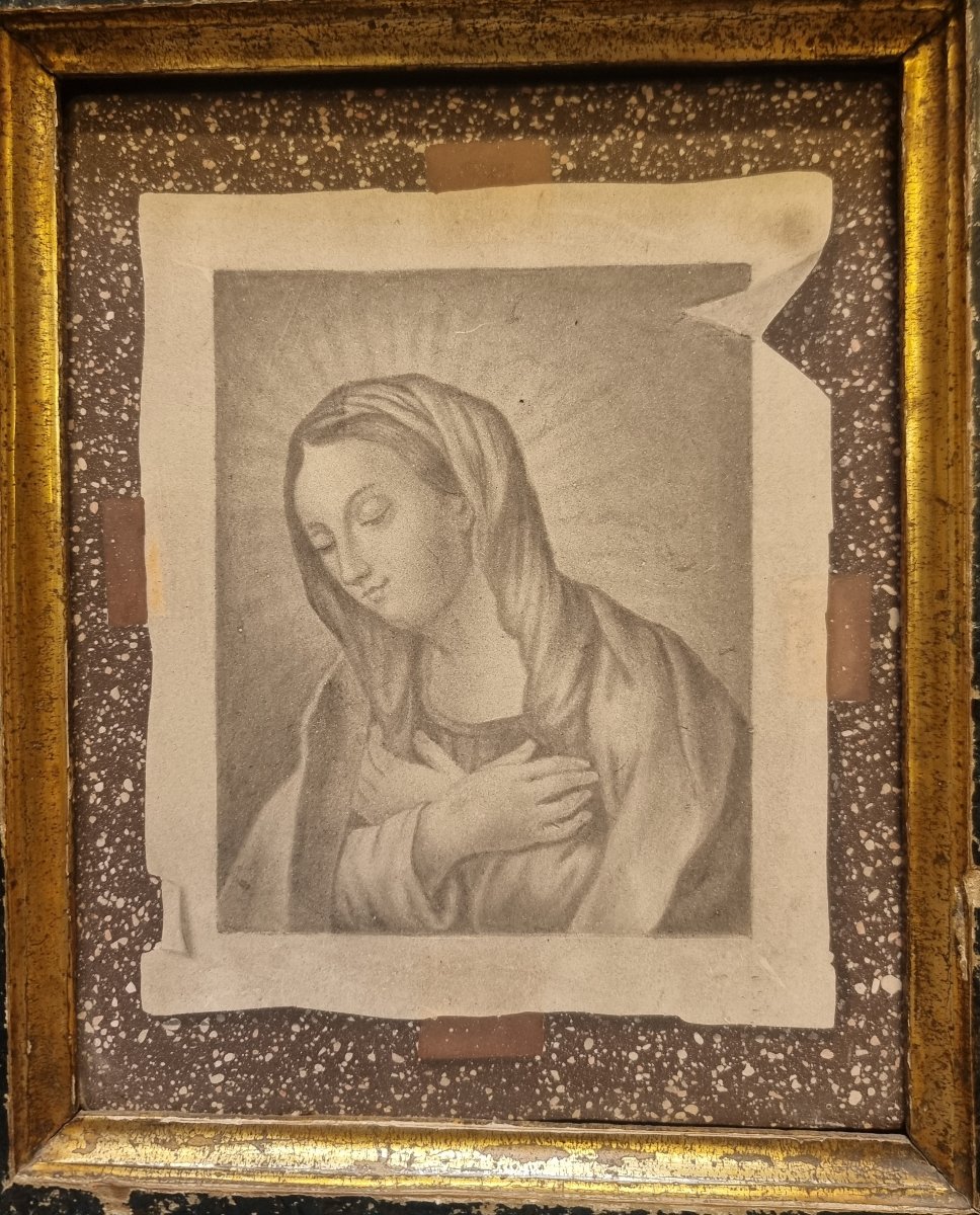 MATTONELLA IN SCAJOLA RAFFIGURANTE DISEGNO MADONNA SU PIANO IN PORFIDO-photo-3
