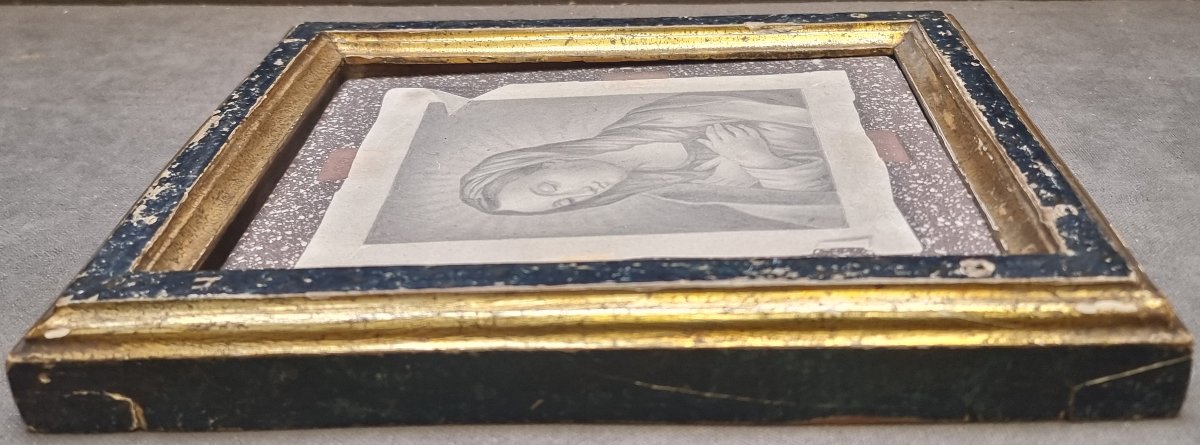 MATTONELLA IN SCAJOLA RAFFIGURANTE DISEGNO MADONNA SU PIANO IN PORFIDO-photo-1