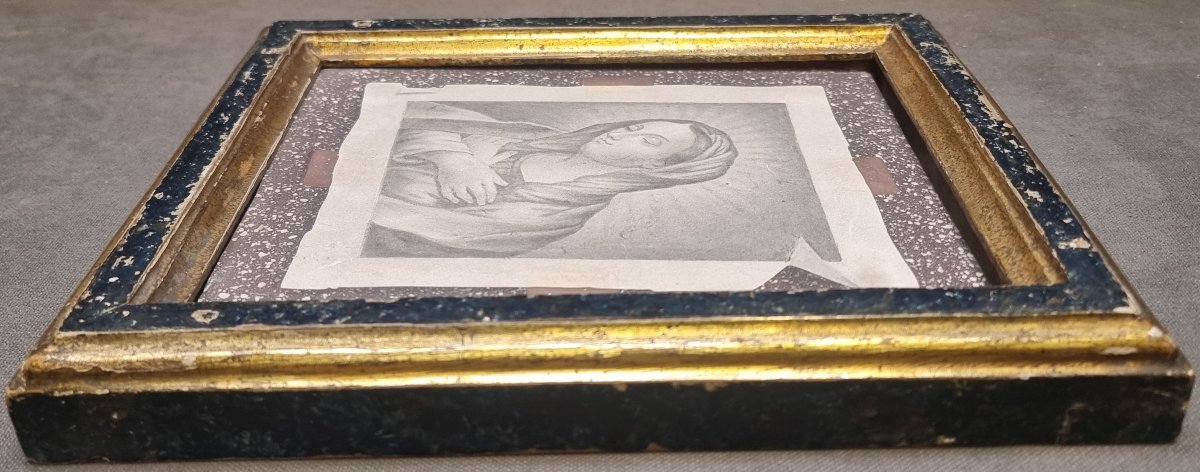 MATTONELLA IN SCAJOLA RAFFIGURANTE DISEGNO MADONNA SU PIANO IN PORFIDO-photo-3