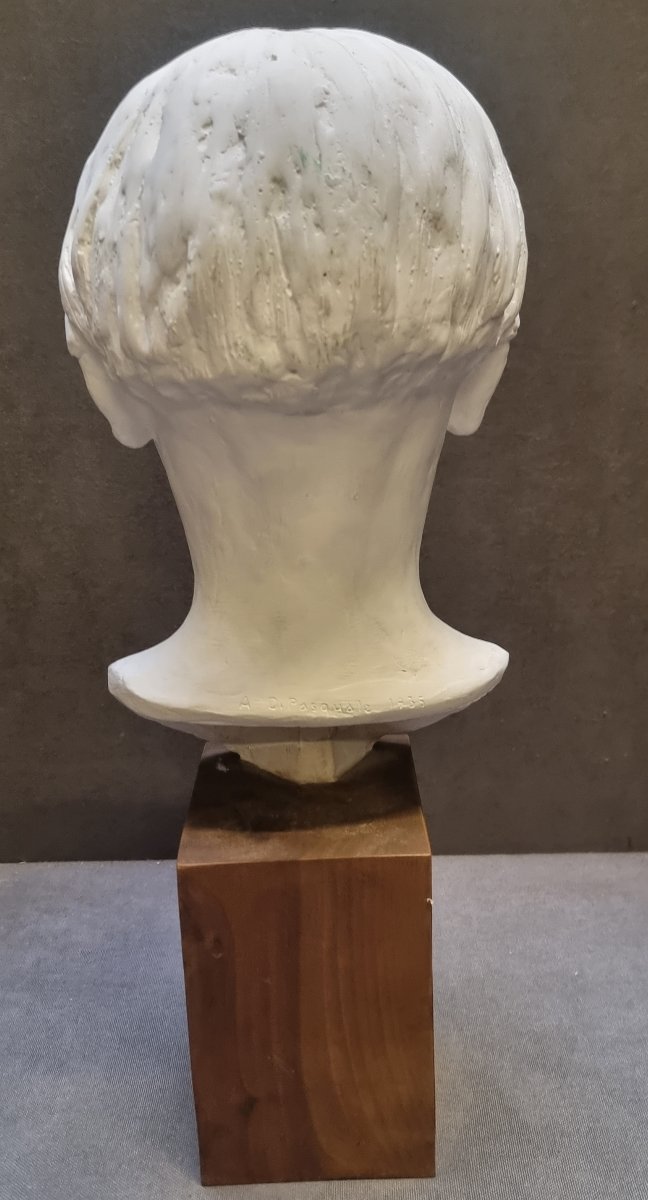 SCULTURA IN GESSO 1935 RAFFIGURANTE RAGAZZO SU BASE IN LEGNO - ALFONSO DI PASQUALE (1899-1987)-photo-3