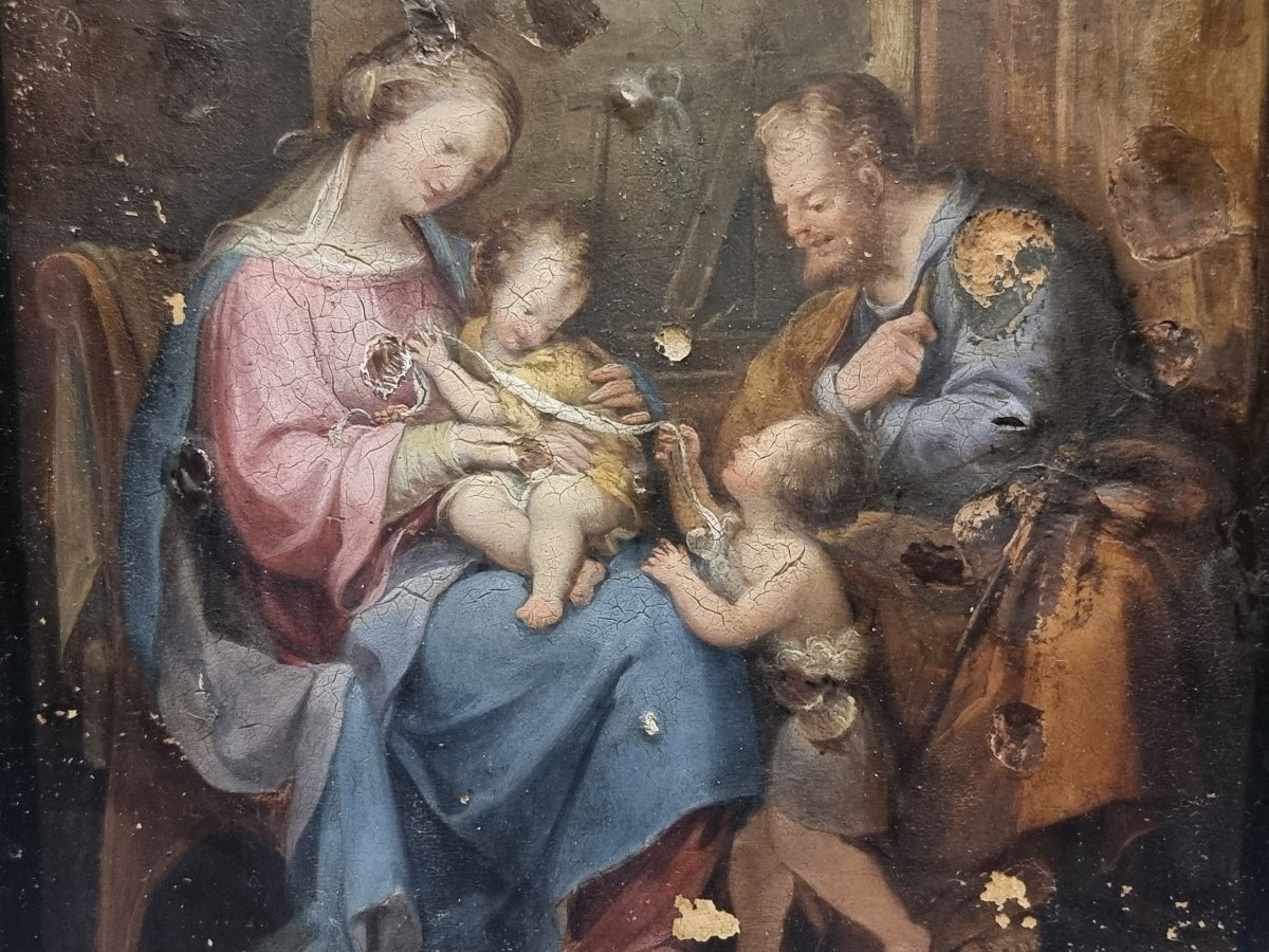 DIPINTO OLIO SU CARTA APPLICATA SU TAVOLA - SACRA FAMIGLIA E SAN GIOVANNINO - CENTRO ITALIA -photo-3