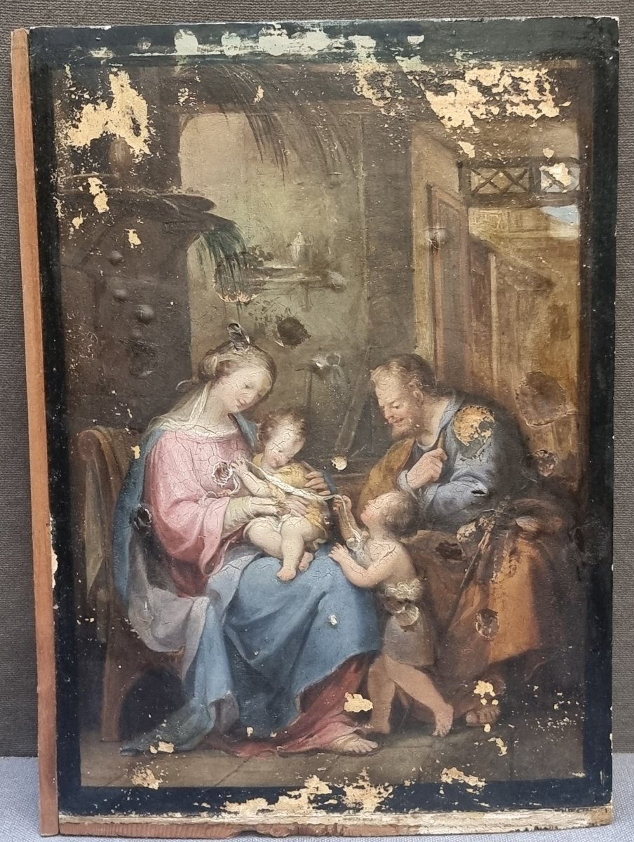 DIPINTO OLIO SU CARTA APPLICATA SU TAVOLA - SACRA FAMIGLIA E SAN GIOVANNINO - CENTRO ITALIA 