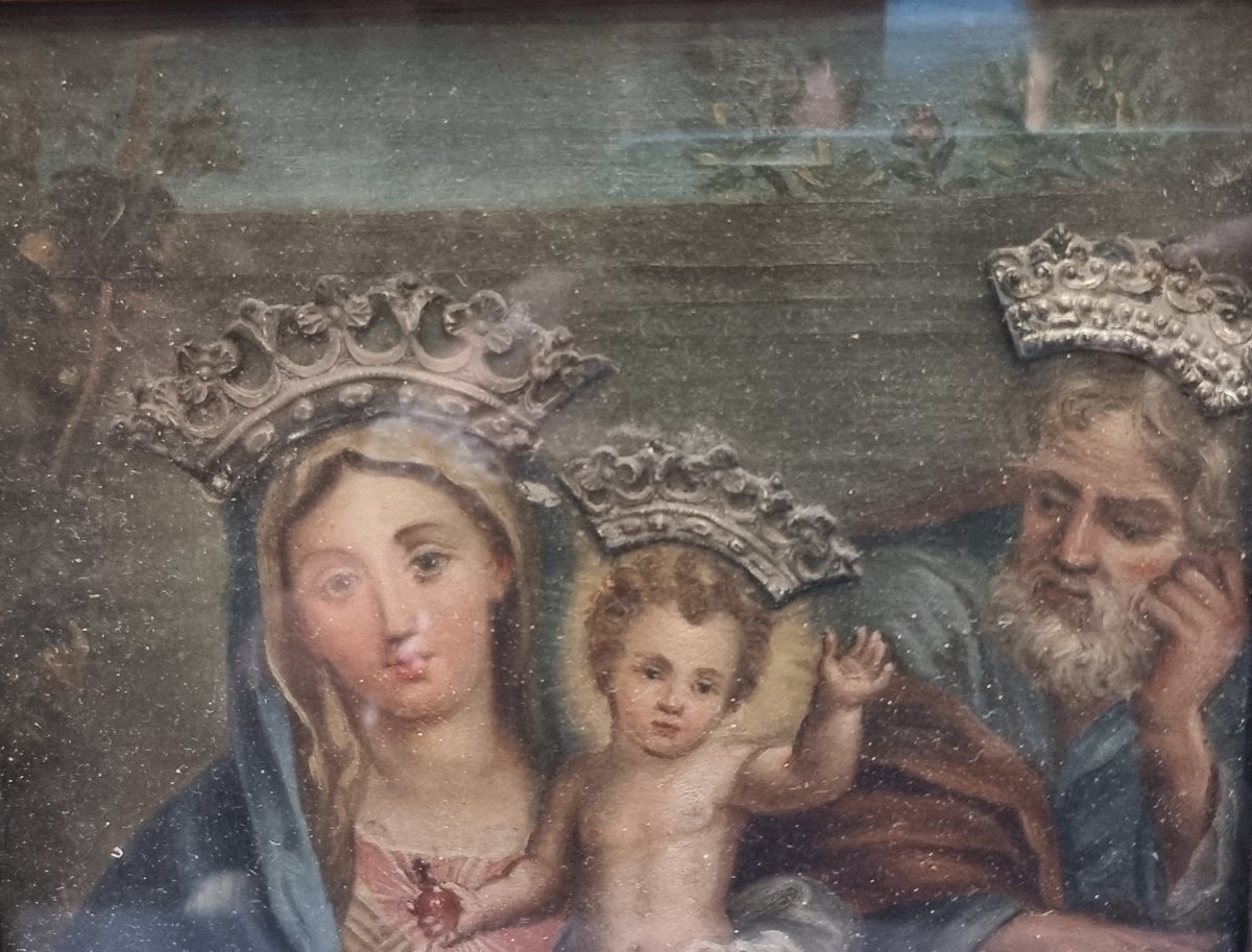 DIPINTO OLIO SU TELA APPLICATO SU TAVOLA - SACRA FAMIGLIA - MANIFATTURA ROMANA. primi '800-photo-2