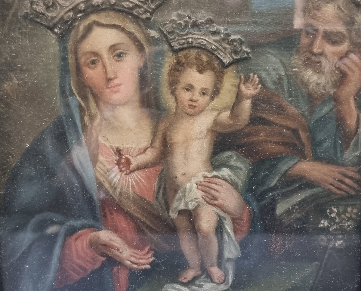 DIPINTO OLIO SU TELA APPLICATO SU TAVOLA - SACRA FAMIGLIA - MANIFATTURA ROMANA. primi '800-photo-3