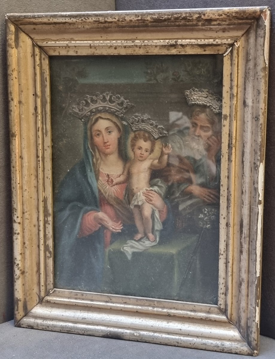DIPINTO OLIO SU TELA APPLICATO SU TAVOLA - SACRA FAMIGLIA - MANIFATTURA ROMANA. primi '800