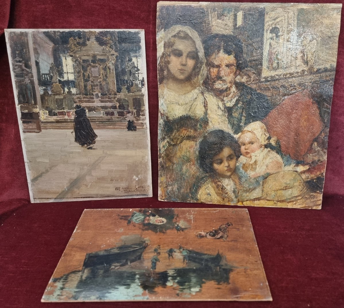 3 OLII DI GUSTAVO BACARISAS (1873-1971) - UNO SU CARTONE TELATO,DUE SU TAVOLETTA