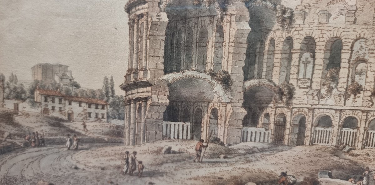 DISEGNO A PENNA ACQUARELLATA  - ROMA, COLOSSEO - VICTOR-JEAN NICOLLE (1754-1826) - fine '700-photo-3