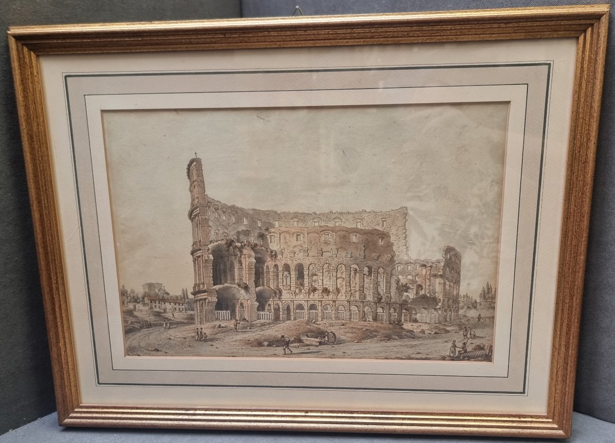 DISEGNO A PENNA ACQUARELLATA  - ROMA, COLOSSEO - VICTOR-JEAN NICOLLE (1754-1826) - fine '700